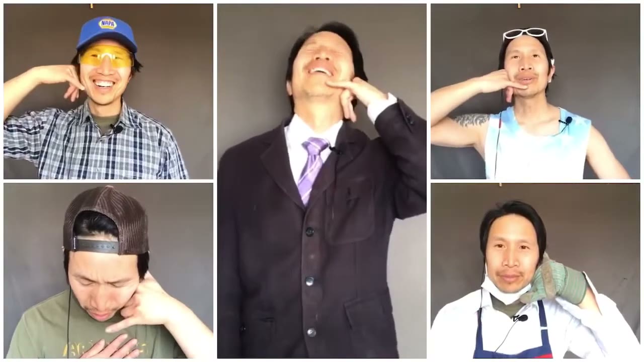 Marcus Fung leading laughter yoga in Edmonton, six characters laughing together