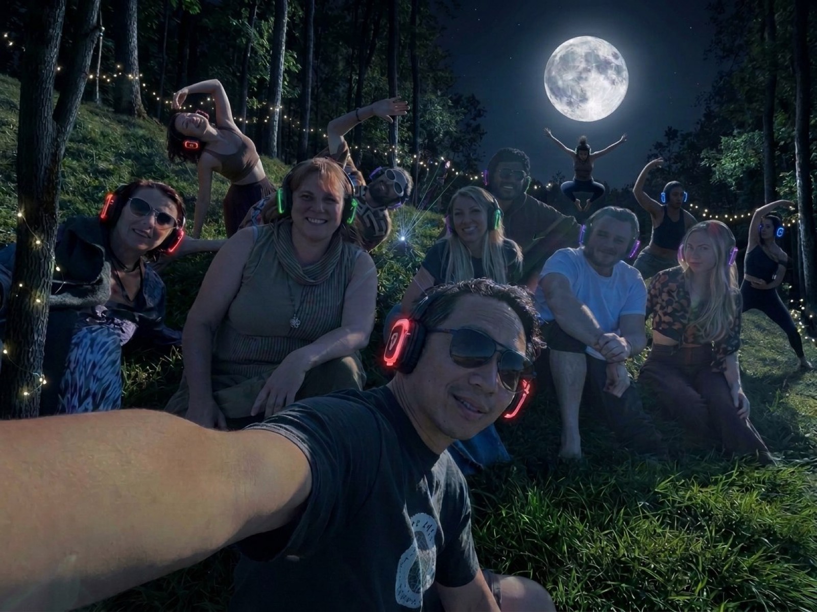 Silent disco event in Edmonton under a full moon: dancers in glowing headphones